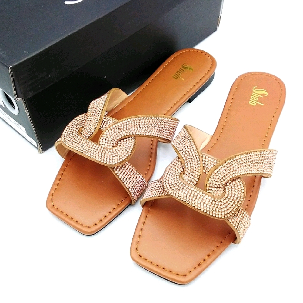 Rhinestone Camel Color Decor Slide Sandals